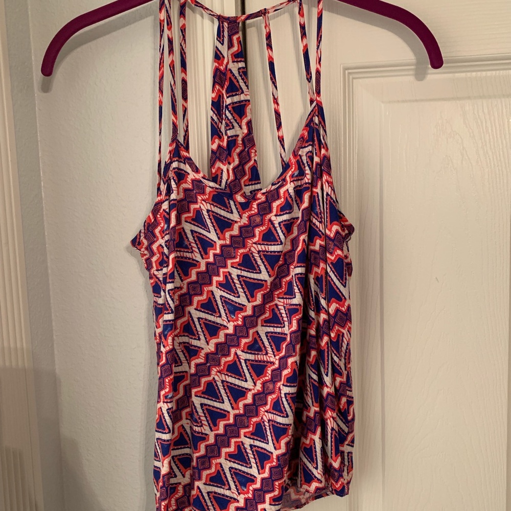 pink and blue printed tank top